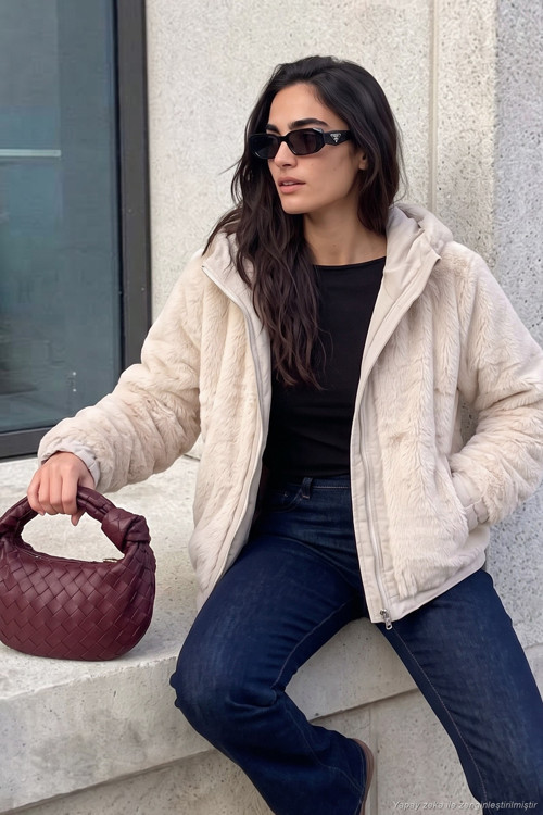 Çift Taraflı Kapüşonlu Pelüş ve Dokuma Kadın Mont 497MARIA TAŞ