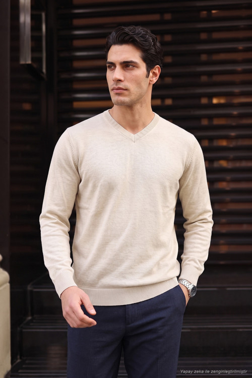 Pamuklu Regular Fit V Yaka Erkek Kazak 456202 V BEJ