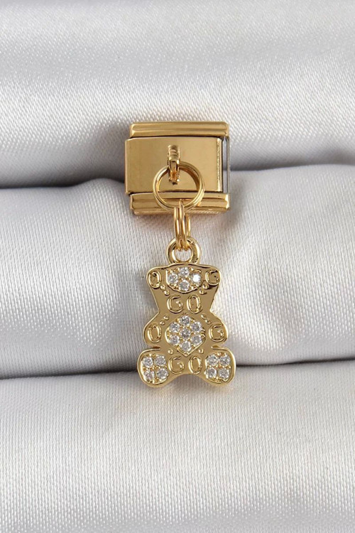 316L Çelik Sallantılı Zirkon Taşlı Ayıcık Model Gold Renk Nomination Charm - TJ-BC1413