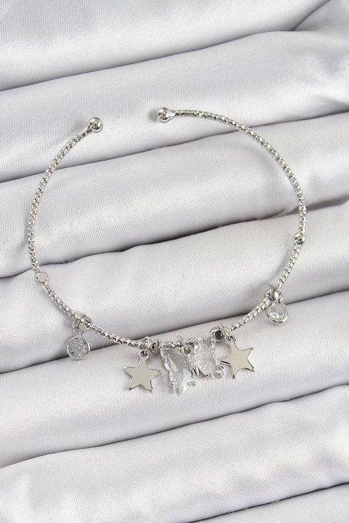 Pirinç Zirkon Taşlı Kelebek Ve Yıldız Model Gümüş Renk Charm Bileklik - TJ-BB7345