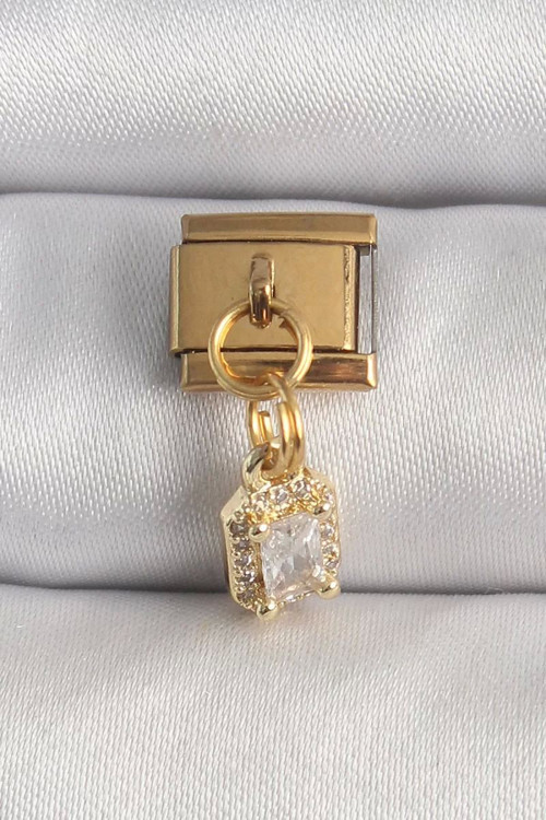 316L Çelik Gold Renk Sallantı Zirkon Taşlı Kare Model Nomination Charm - TJ-BC1348