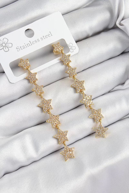 Pirinç Zirkon Taşlı Sallantılı Yıldız Model Gold Renk Kadın Küpe - TJ-BKP10912
