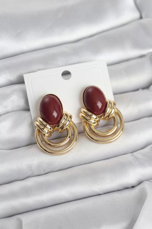 Pirinç Gold Renk Bordo Taşlı Vintage Kadın Küpe - TJ-BKP11679