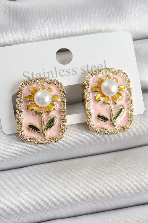 Pirinç Pembe Mineli Papatya Figürlü Sanatsal Portre Model Gold Renk Kadın Küpe - TJ-BKP10687