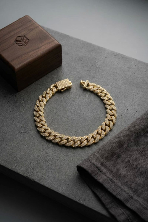 Cuban Zincir Model Zirkon Taşlı Gold Renk Erkek Bileklik TJ-EB3817