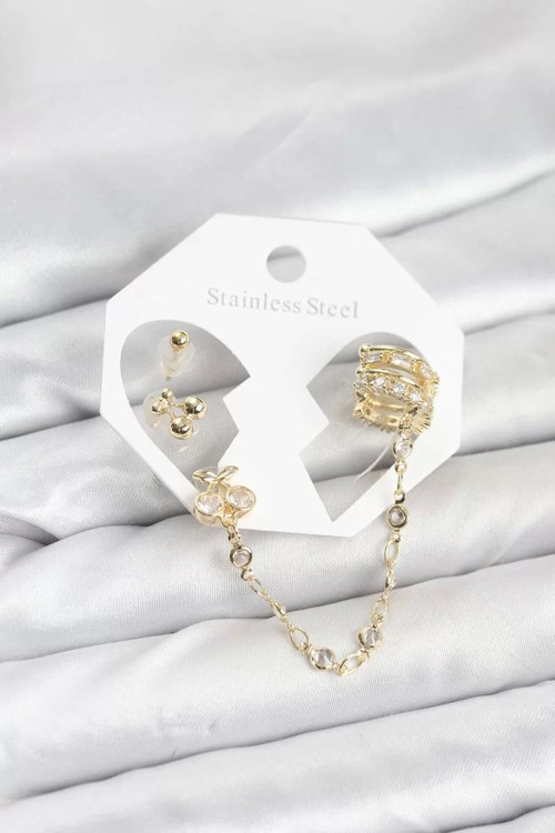Kiraz Model Pirinç Gold Renk Zincir Bağlantılı Ear Cuff Küpe Seti - TJ-BKP11549