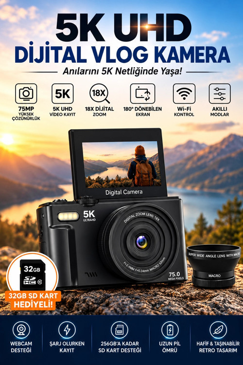 5K 75MP 18X Zoom Flaşlı 3” Flip Ekranlı Türkçe 32GB Kart Dijital Vlog Fotoğraf Makinesi Lens Hediyel