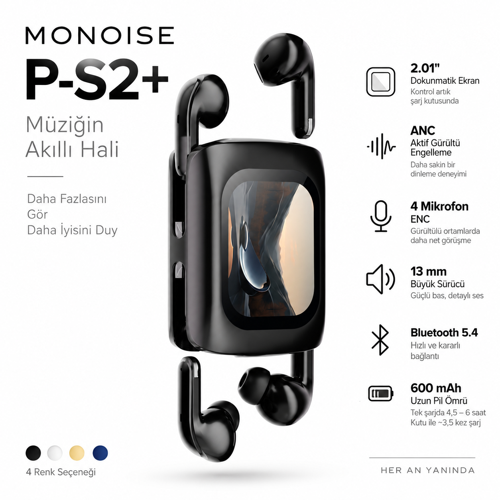 MONOISE P-S2/P-S2+ Akıllı Dokunmatik Ekranlı ANC Bluetooth Kulaklık