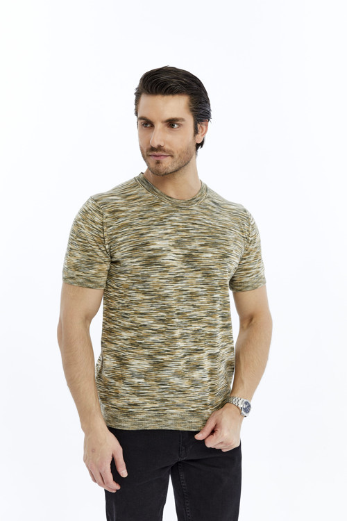 Haki Erkek %100 Pamuk Bisiklet Yaka Kısa Kollu Kırçıllı Örgü Triko T-shirt TRIST-7109