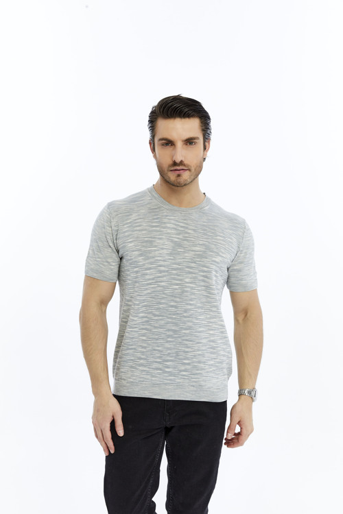 Gri Erkek %100 Pamuk Bisiklet Yaka Kısa Kollu Kırçıllı Örgü Triko T-shirt TRIST-7109