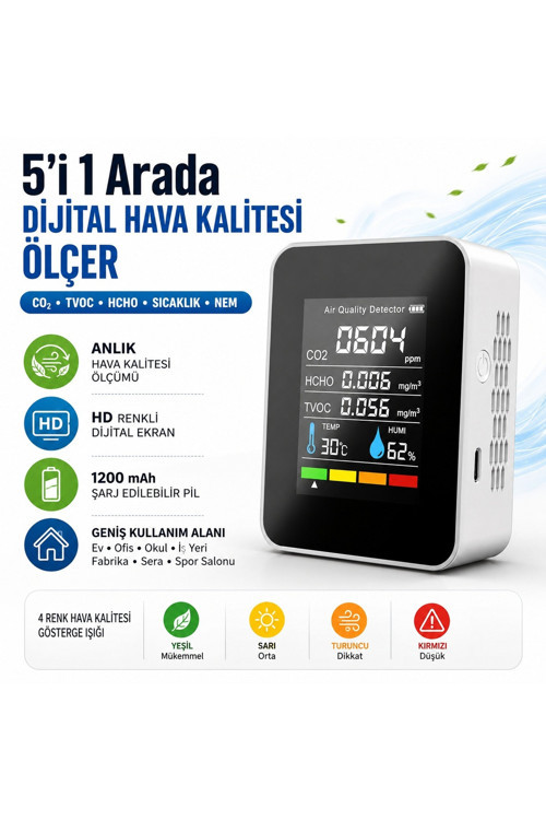 5'İ 1 Arada Dijital Hava Kalitesi Ölçer Co2 Tvoc Hcho Sıcaklık Nem Ölçer Şarjlı Hava Kalitesi Dedektörü Hd Ekranlı