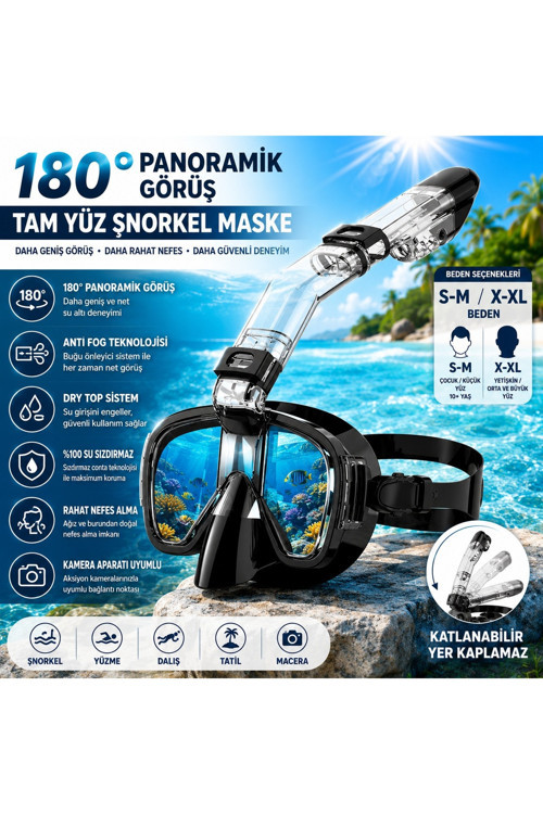Tam Yüz Şnorkel Maske S-M / L-Xl | 180° Panoramik Görüş | Anti Fog | Dry Top Sistem | Katlanabilir Snorkel | Kamera Aparatı Uyumlu