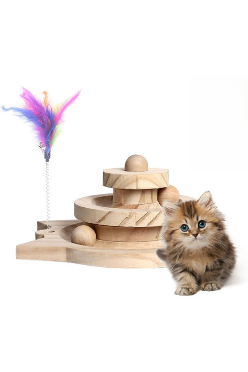 🐾 Ahşap Kedi Oyuncağı 😸 3 Katlı Toplu Zeka Oyuncağı & Tüylü Olta Seti 🪵🪶