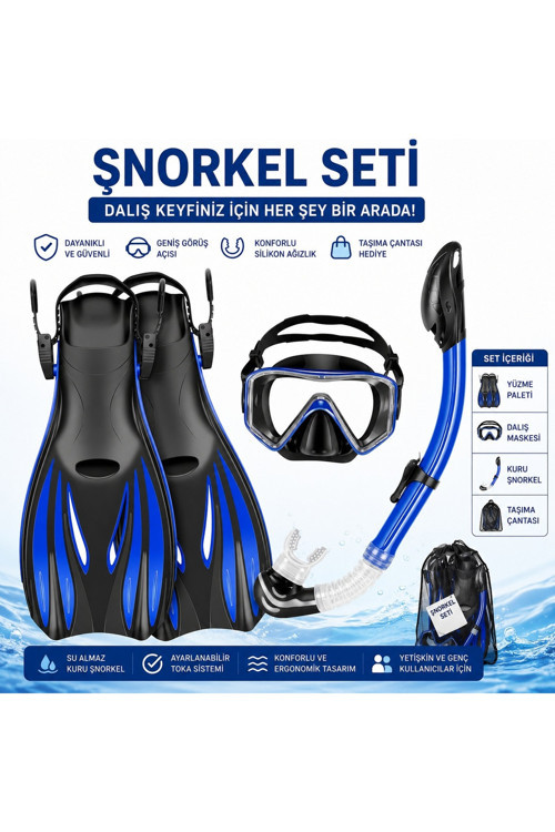 Ayarlanabilir Şnorkel Seti Dalış Maskesi Palet Ve Kuru Şnorkel Takımı Yetişkin Deniz Havuz Seti (S-M , L-Xl Beden)