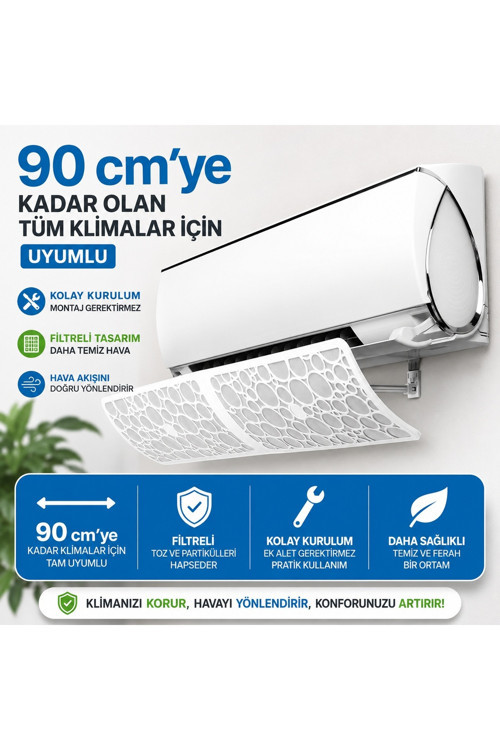 Klima Hava Yönlendirici Filtreli Deflektör | 90 Cm'Ye Kadar Uyumlu | Delme Gerektirmeyen Kolay Kurulum