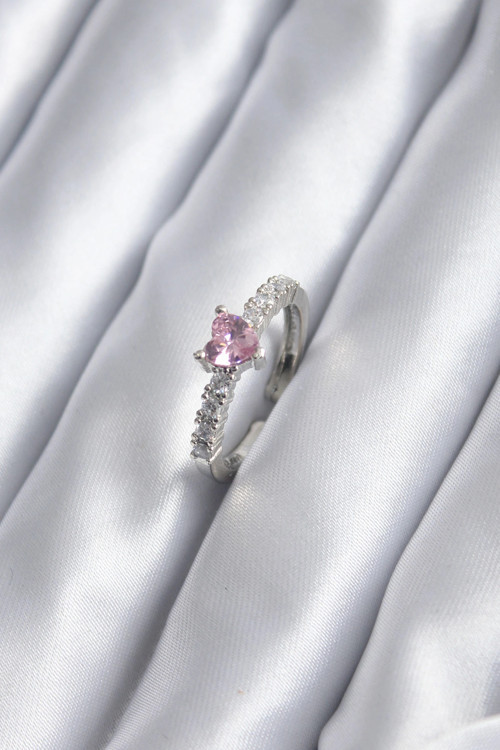 Gümüş Renk Zirkon Taşlı Pembe Kristal Kalp Model Kadın Yüzük TJ-BYK2851