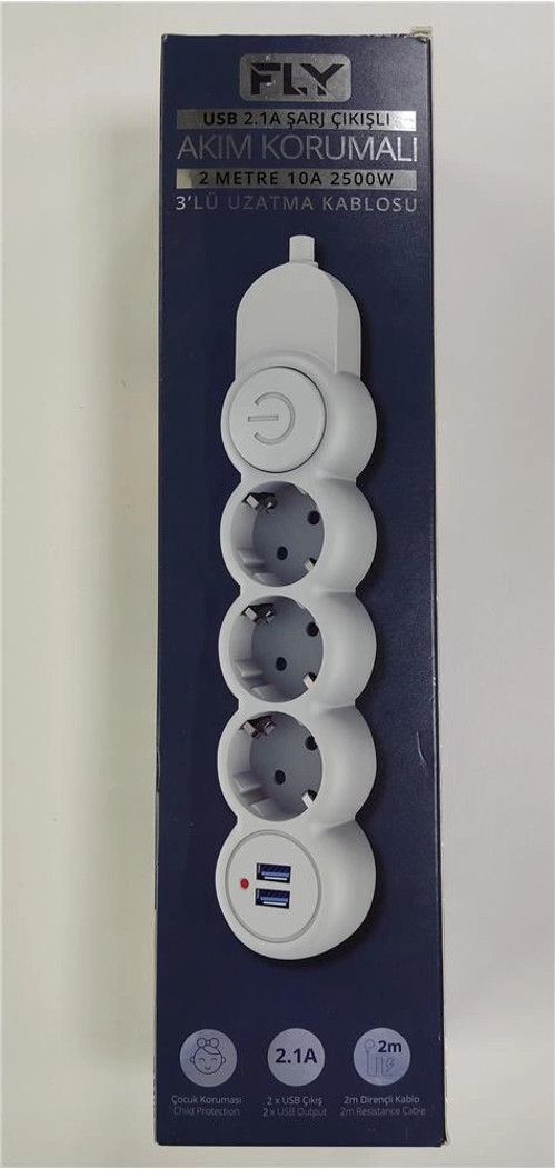3393-01 3lü 2mt 2.1A Anahtarlı 2Usb Şarj Çıkışlı Akım Korumalı 2500w (KDO)