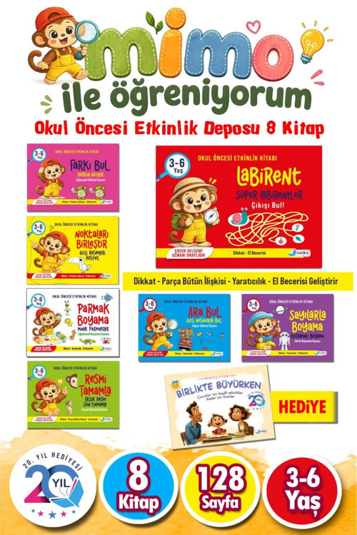 Harika Çocuk Mimo ile Öğreniyorum 3 - 6 Yaş Okul Öncesi Etkinlik Seti 8 Kitap Eğitici Aktivite Kitapları