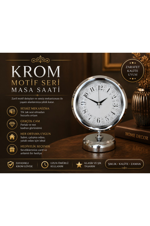 Classic Series Silver 25 x 20 cm Metal Krom Masa Saati