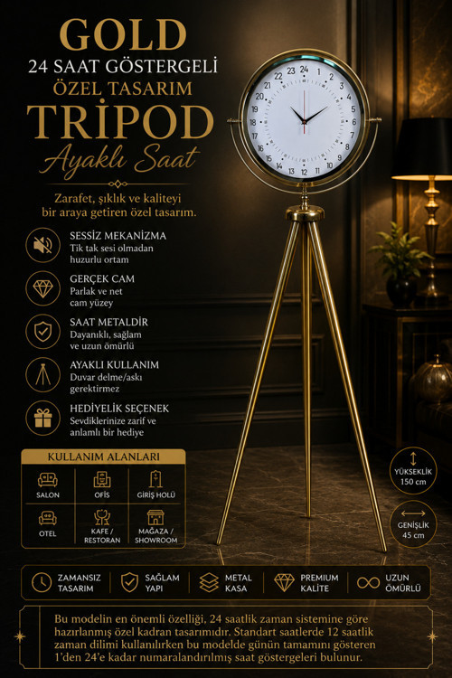 24 Saat Göstergeli Özel Tasarım Gold Tripod Ayaklı Duvar Saati