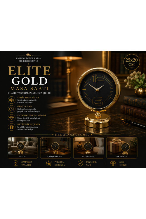 Elite Black Gold 25 x 20 cm Metal Masa Saati