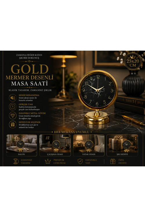 Royal 25 x 20 cm Gold Metal Masa Saati