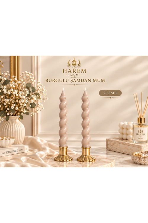 Kahverengi Burgulu Şamdan Mum 2'Li Set Dekoratif Spiral Mum