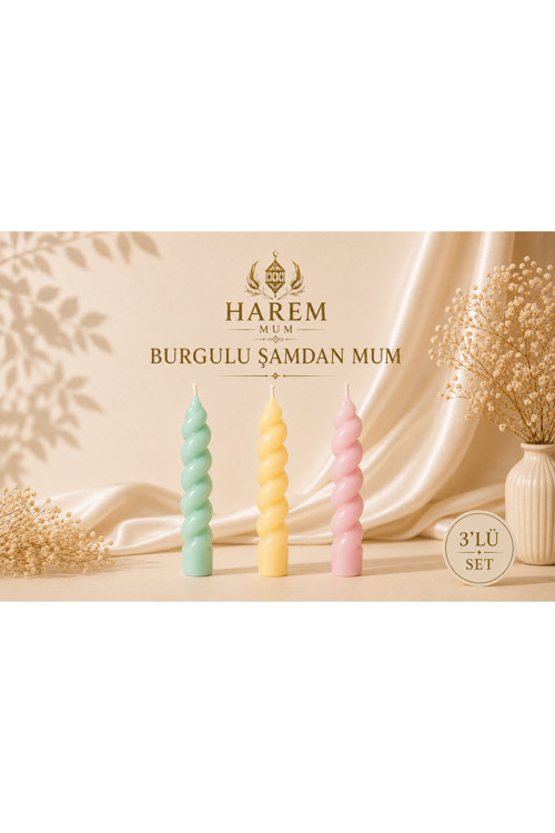 Burgulu Şamdan Mum Su Yeşili-Sarı-Gül Kurusu 3’Lü Set