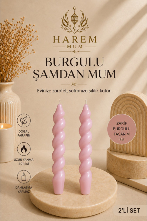 Gül Kurusu Burgulu Şamdan Mum 2'Li Set