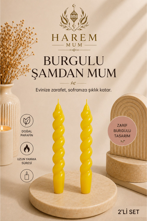 Sarı Burgulu Şamdan Mum 2’Li Set