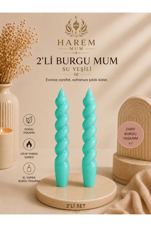 2’Li Su Yeşili Burgu Şamdan Mum Seti – Dekoratif El Yapımı Spiral Mum