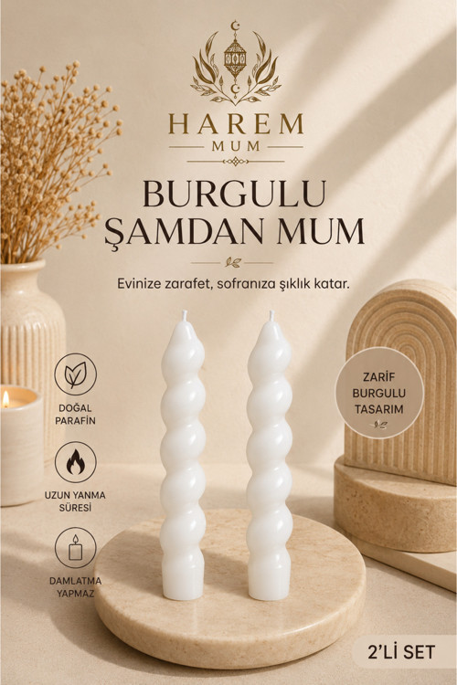 Beyaz Burgulu Şamdan Mum El Yapımı 2’Li Set