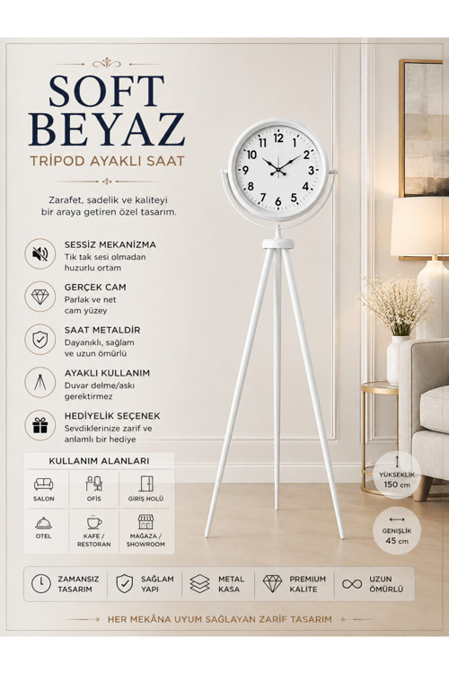 Soft White Dekoratif Tripod Ayaklı Saat