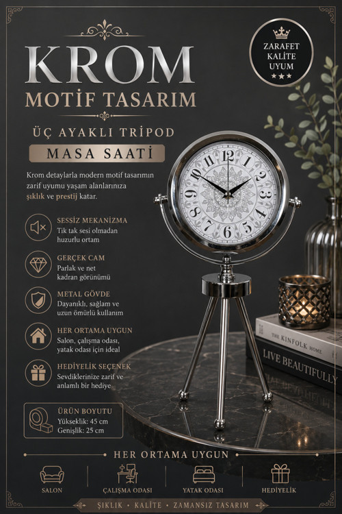 Krom Motif Tasarım Üç Ayaklı Metal Masa Saati