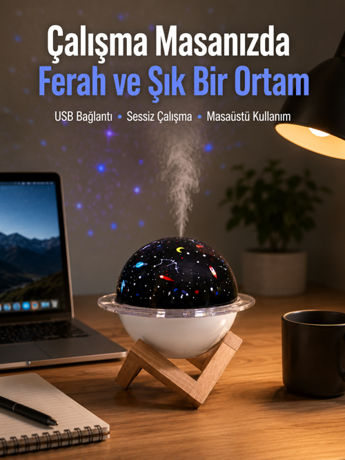 Projektör ışıklı ve aromaterapi destekli taşınabilir nemlendirici cihaz USB bağlantılı XUCZSTARMASTE