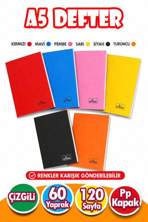 PP Kapaklı Tel Dikişli Defter 60 Yaprak | A5 | Çizgili Defter Küçük Boy