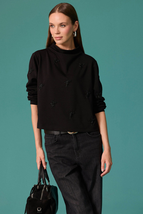 Kadın İnci Çiçek Detaylı Dik Yaka Sweatshirt Siyah