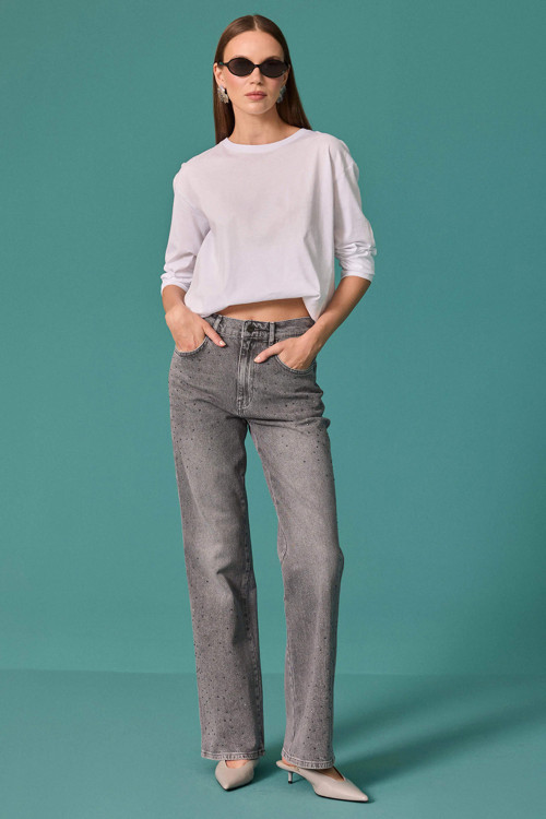 Kadın Taş Detaylı İspanyol Paça Denim Pantolon Gri