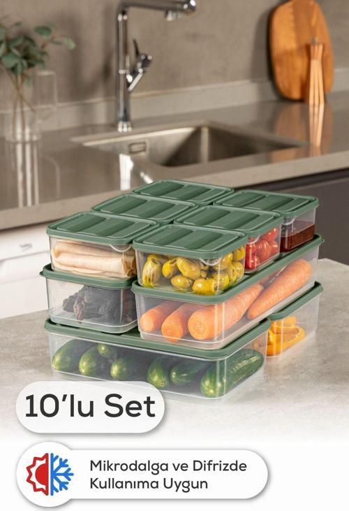 10lu Buzdolabı Dondurucu Organizer Ve Saklama Kabı Yeşil 6x(350ML) 2x(1,65LT) 2x(1,75LT)