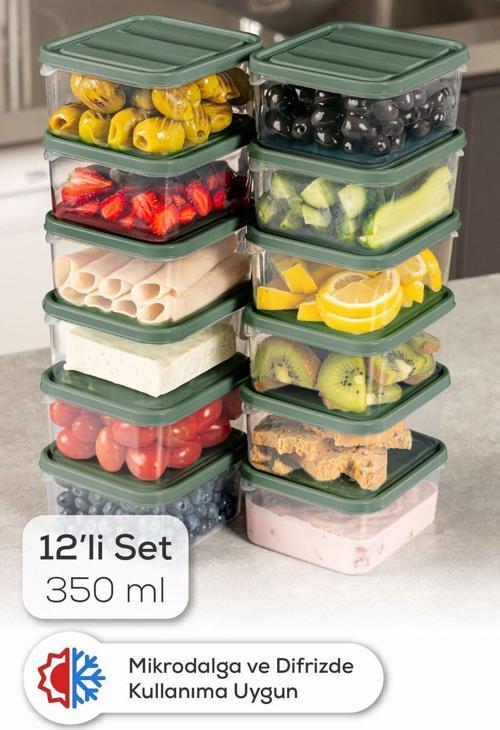 12li 350 ml Buzdolabı Dondurucu Organizer Mikrodalga ve Difrize Uygun Saklama Kabı Yeşil