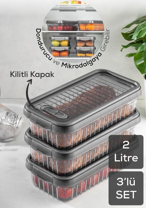 3lü Kendinden Çizgili Kilitli Kapaklı Saklama Kabı Seti 2 Litre
