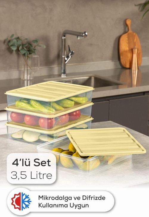 4lü 3,5 Litre Buzdolabı Dondurucu Organizer Mikrodalga ve Difrize Uygun Saklama Kabı Sarı