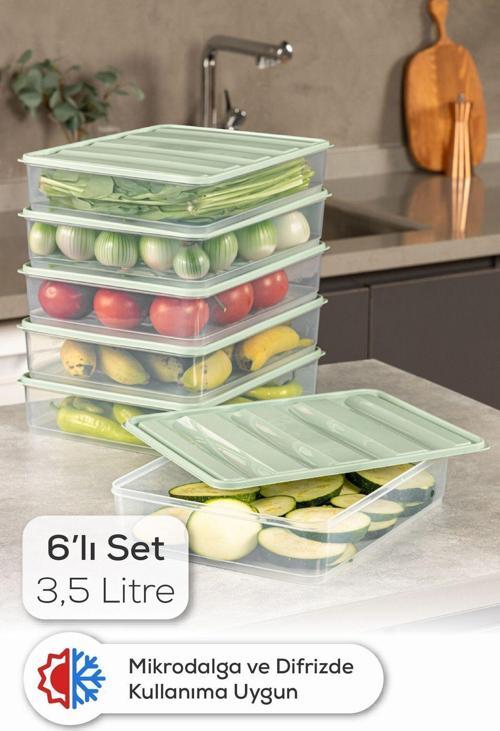 6lı 3,5 Litre Buzdolabı Dondurucu Organizer Mikrodalga ve Difrize Uygun Saklama Kabı Mint