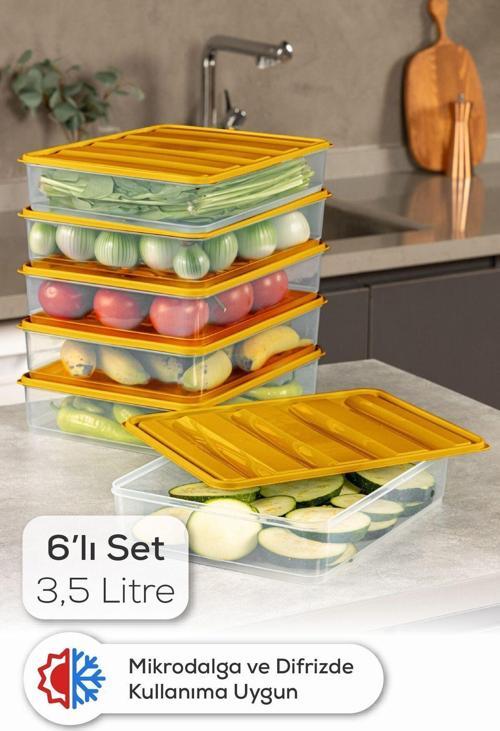 6lı 3,5 Litre Buzdolabı Dondurucu Organizer Mikrodalga ve Difrize Uygun Saklama Kabı Turuncu