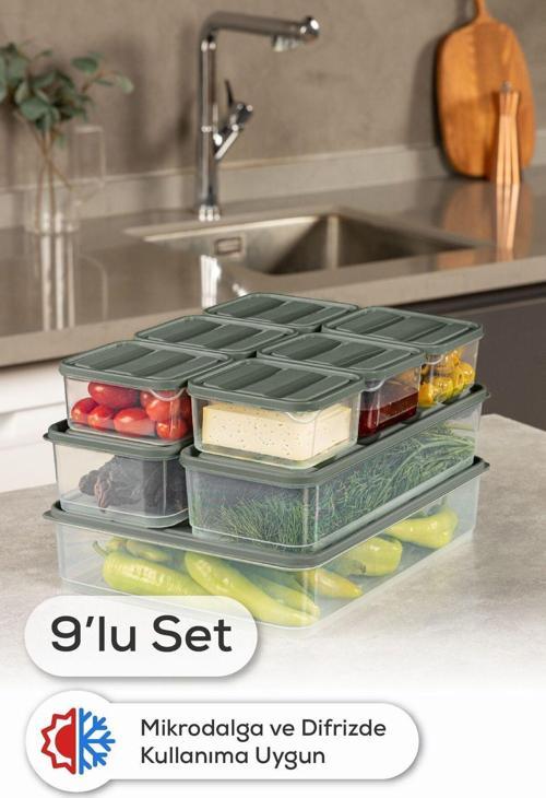 9lu Buzdolabı Dondurucu Organizer Ve Saklama Kabı Yeşil 6x(350ML) 2x(1,65LT) 1x(3,5LT)