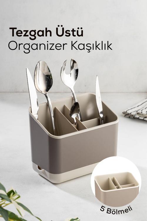 Tezgah Üstü Kaşık Düzenleyici 5 Bölmeli Organizer Kaşıklık Bej