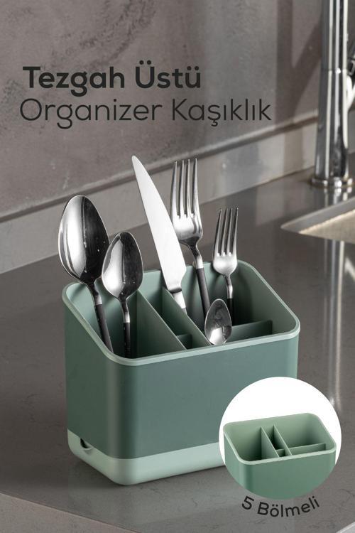Tezgah Üstü Kaşık Düzenleyici 5 Bölmeli Organizer Kaşıklık Yeşil