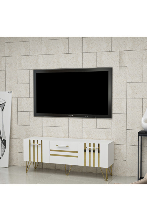 Zelda Tv Ünitesi Tv Sehpası Beyaz Altın Mdf