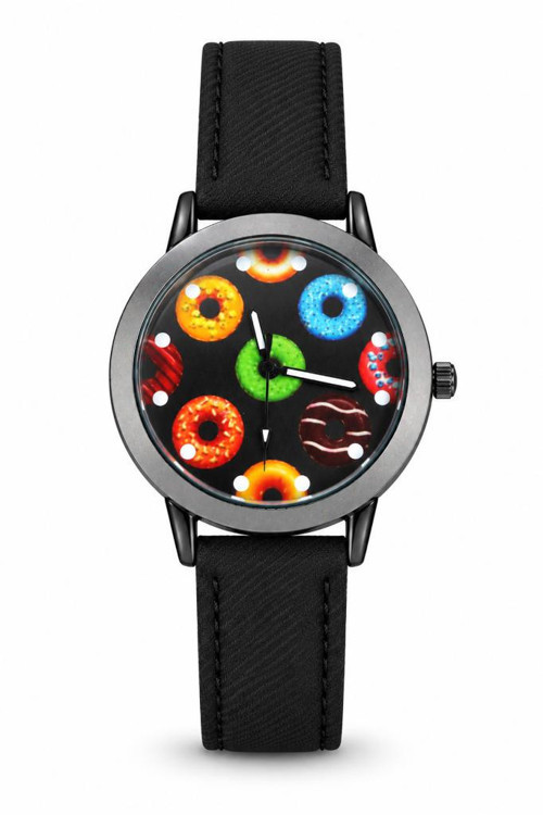 Renkli Donut Desenli Siyah Kanvas Kordonlu Kadın Kol Saati ST-304459
