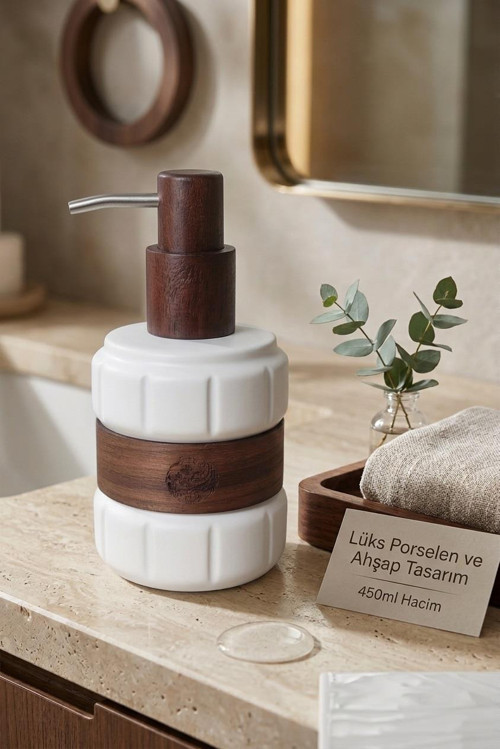 Ahşap Detaylı Porselen Sıvı Sabunluk 450 ml – Çelik Pompa Uçlu Mutfak ve Banyo Deterjanlık
